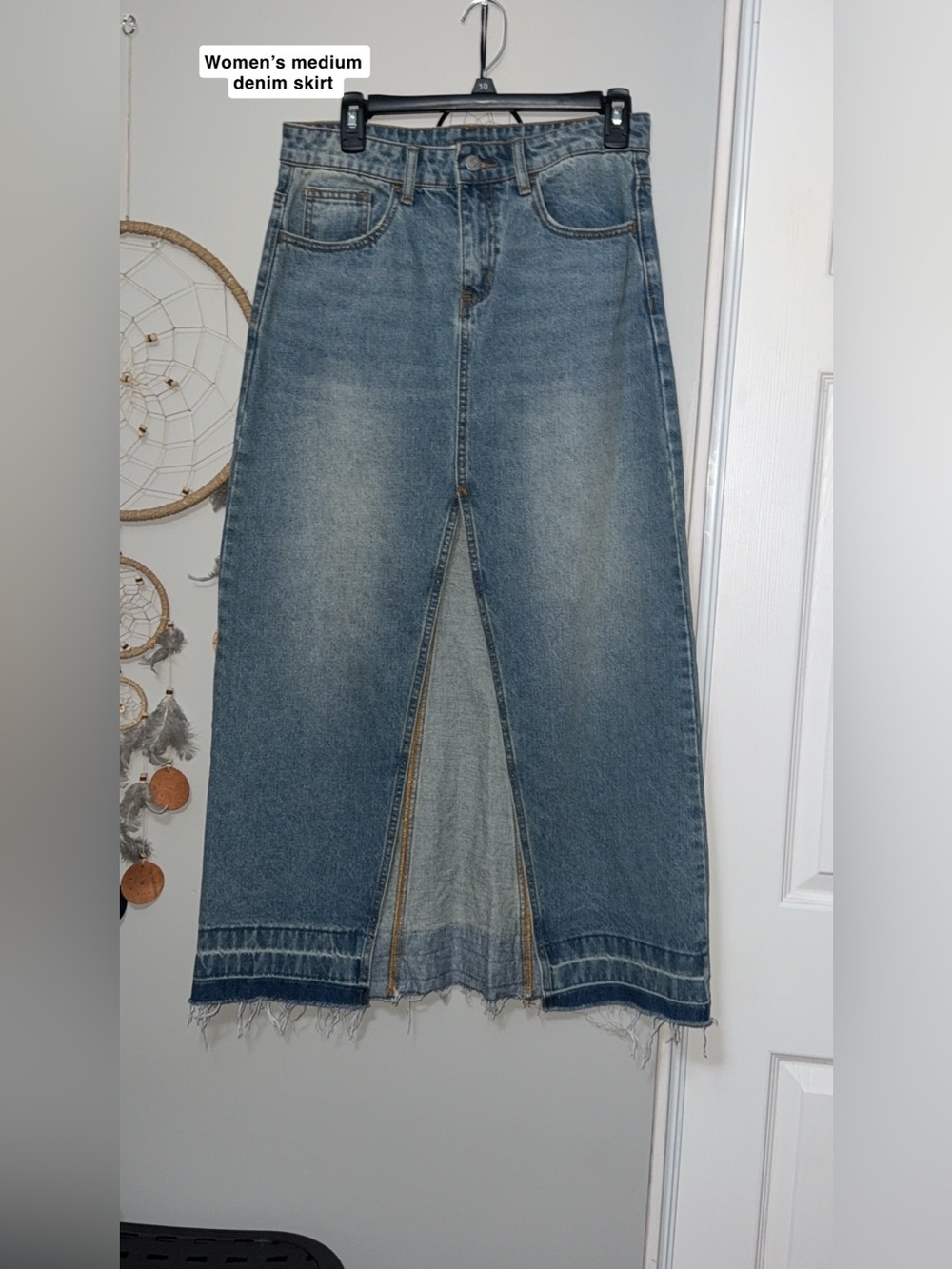 Denim Midi Skirt with Front Slit -